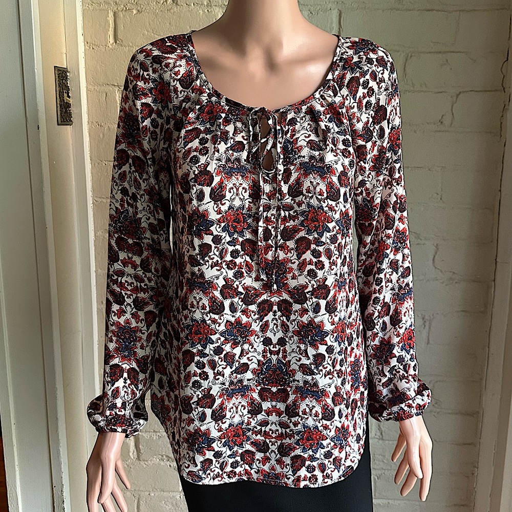 Stoosh size small cream and red blue floral long sleeve blouse